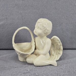 Ceramic Cherub Angel w/basket succulent planter, 6" T x 7" L x 6" W